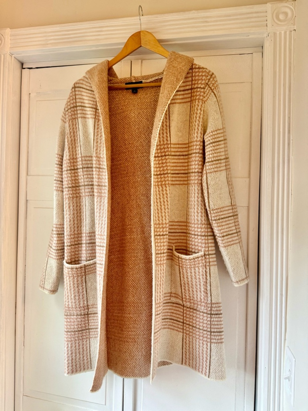Cozy Cream & Tan and Pink Hooded Open-Front Women's Sweater Cardigan